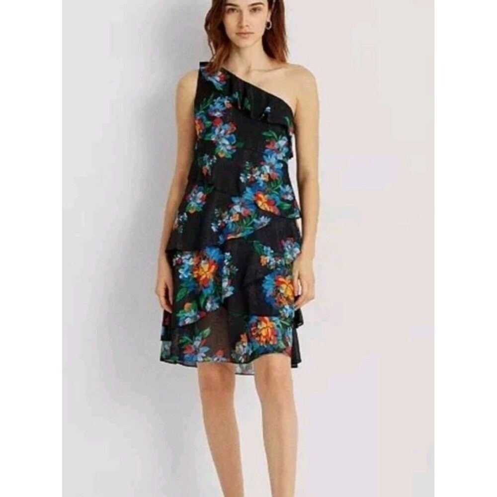 Lauren Ralph Lauren Floral Metallic Georgette One Shoulder Dress 4